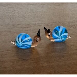 Blown Glass Blue Striped Snails Figurine Pair Miniature Home Decor‎